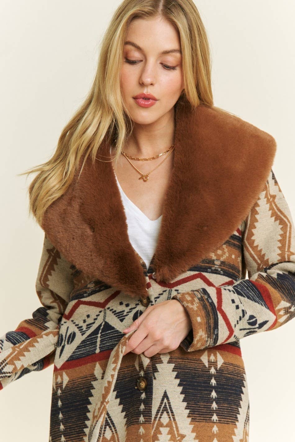 AZTEC JACKET SHACKET WITH CONTRAST FUR SHOWL COLLA: Navy / S-M-L(2-2-2)