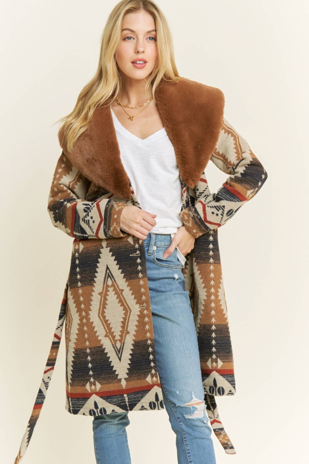 AZTEC JACKET SHACKET WITH CONTRAST FUR SHOWL COLLA: Navy / S-M-L(2-2-2)