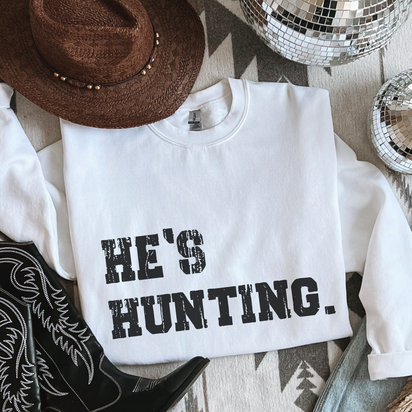 He's Hunting Funny Distressed Crewneck Sweatshirt: White / Medium