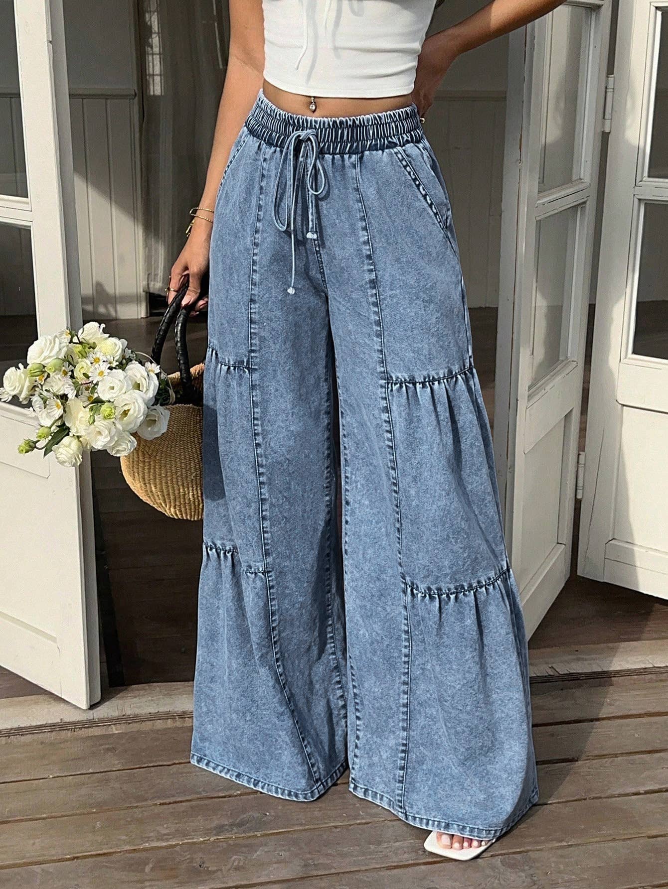 Extra-Large Wide-Leg Versatile Patchwork Jeans: Blue / L
