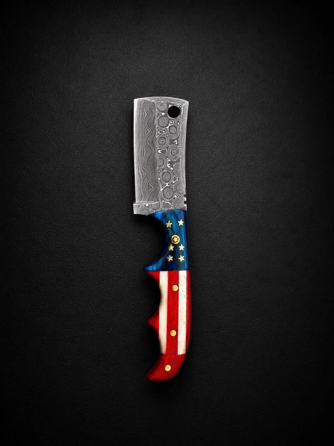 Premium Damascus Steel Fixed Blade Cleaver – Patriotic Edition with Tooled Leather Sheath TK-528