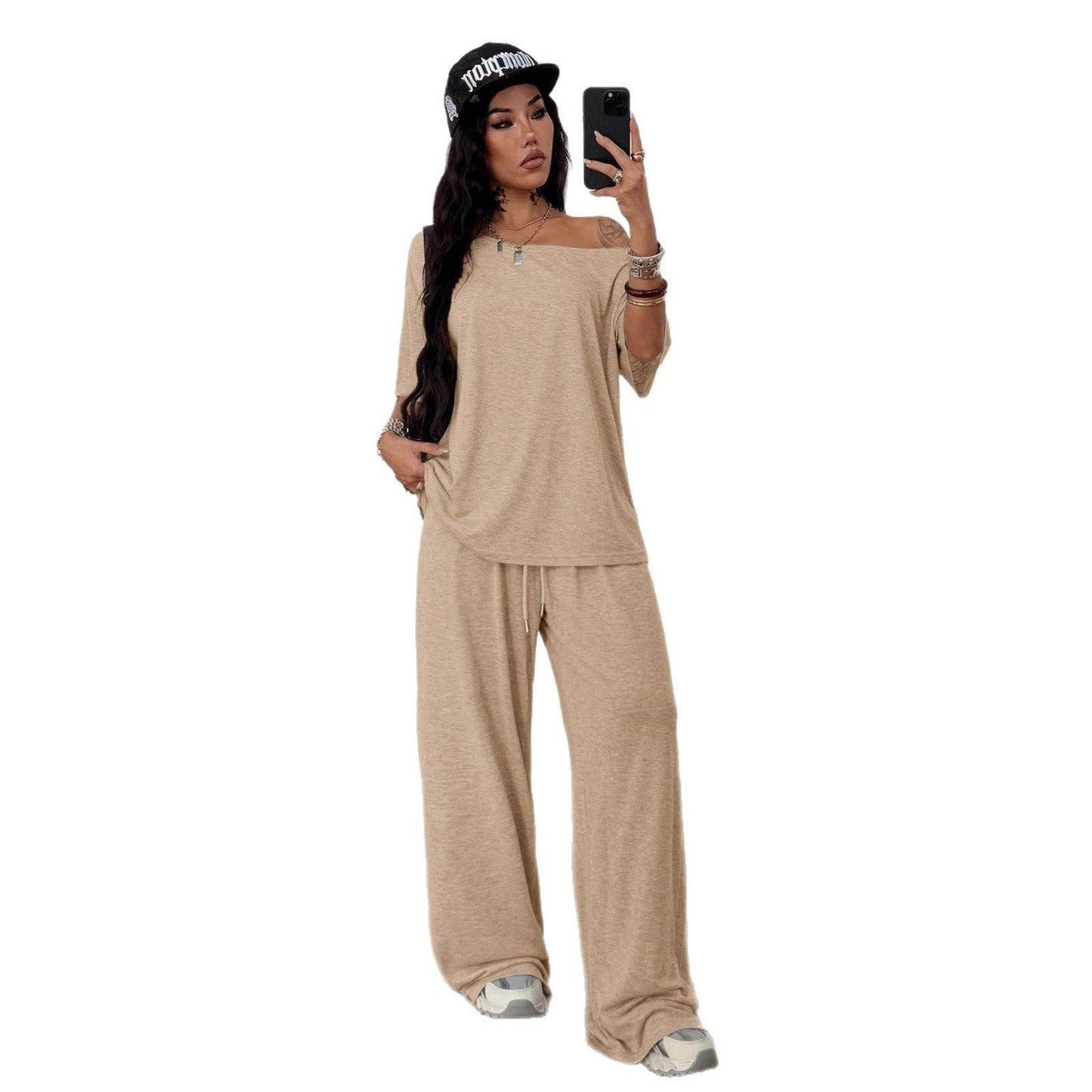 Asymmetric Neck Wide Leg Sportswear Two Piece Set: Dark gray / S