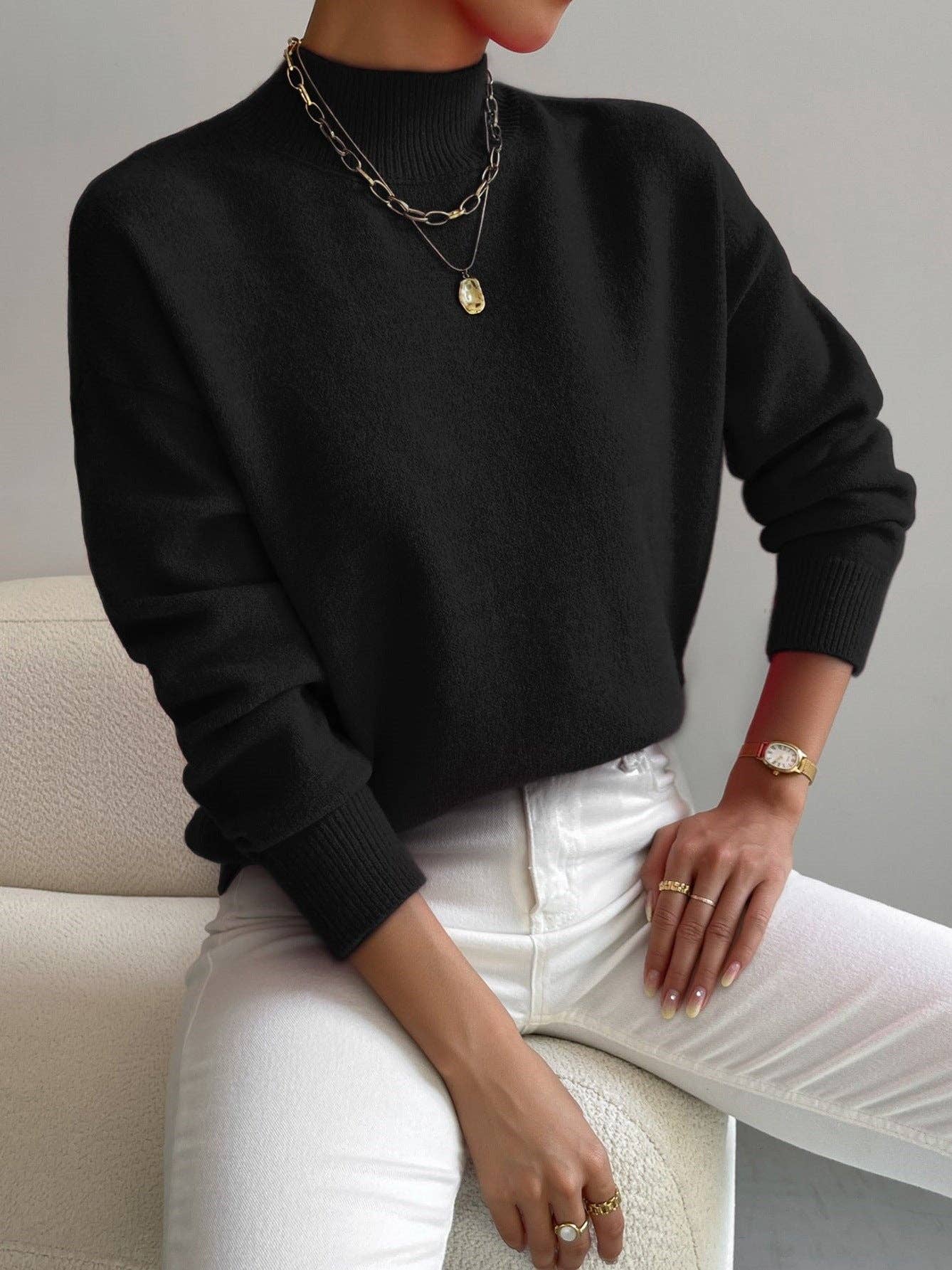 Women Mock Neck Long Sleeve Knit Sweater: Apricot / M