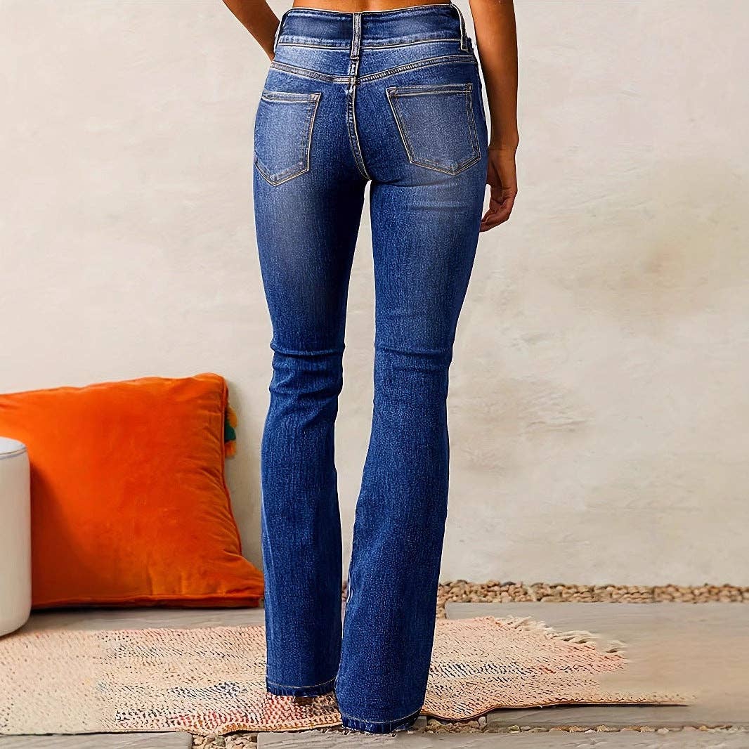 Women Vintage Stretch Flare Distressed Denim Pants: Dark blue / L