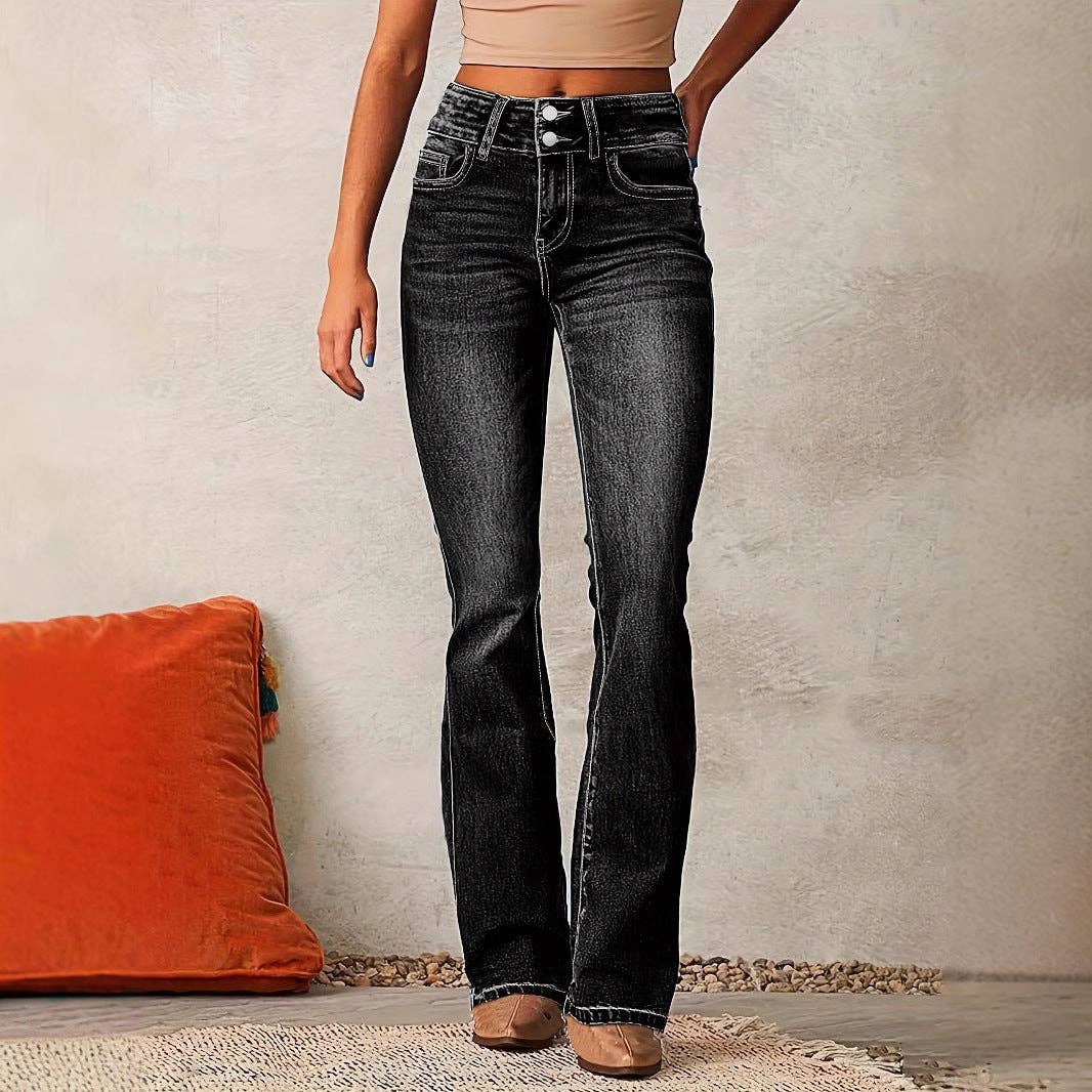Women Vintage Stretch Flare Distressed Denim Pants: Dark blue / L