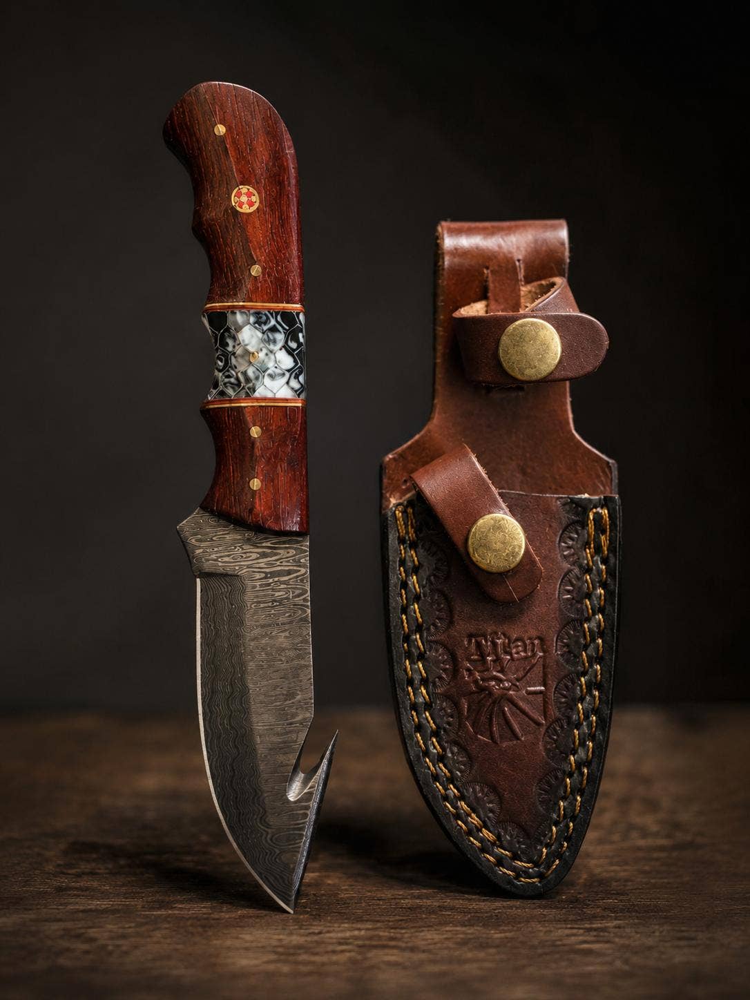 Damascus Steel Fixed Blade Hunting Knife with Gut Hook, Padauk Wood & Cobra Honeycomb Resin Inlay Handle for Field Dressing & Camping with Custom Leather Sheath TK-517