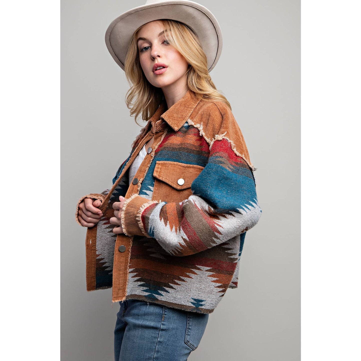 TRIBAL AZTEC PATTERN COLORBLOCK BUTTON DOWN SHIRT JACKET: Grey / S-M-L(2-2-2)