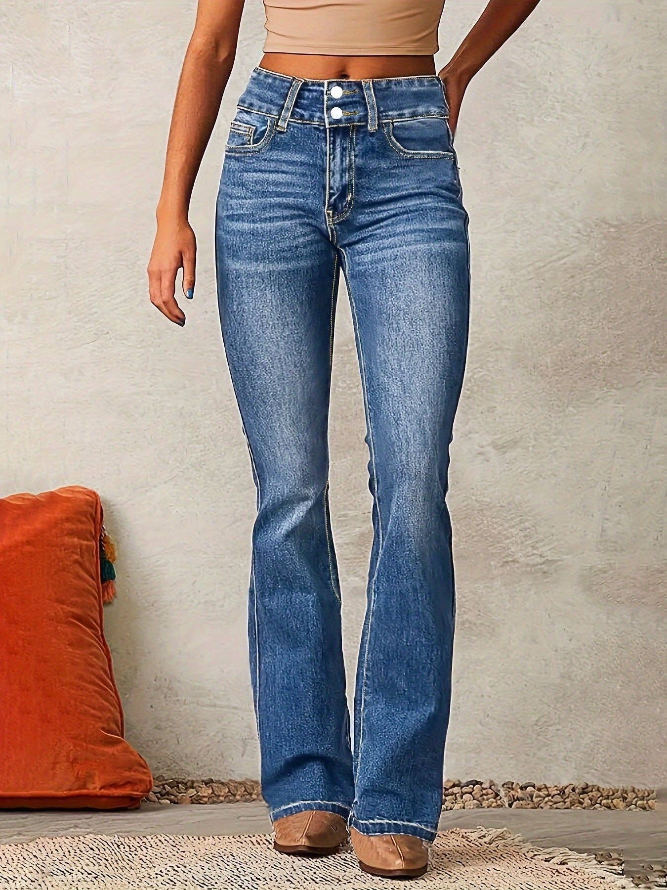 Women Vintage Stretch Flare Distressed Denim Pants: Dark blue / L