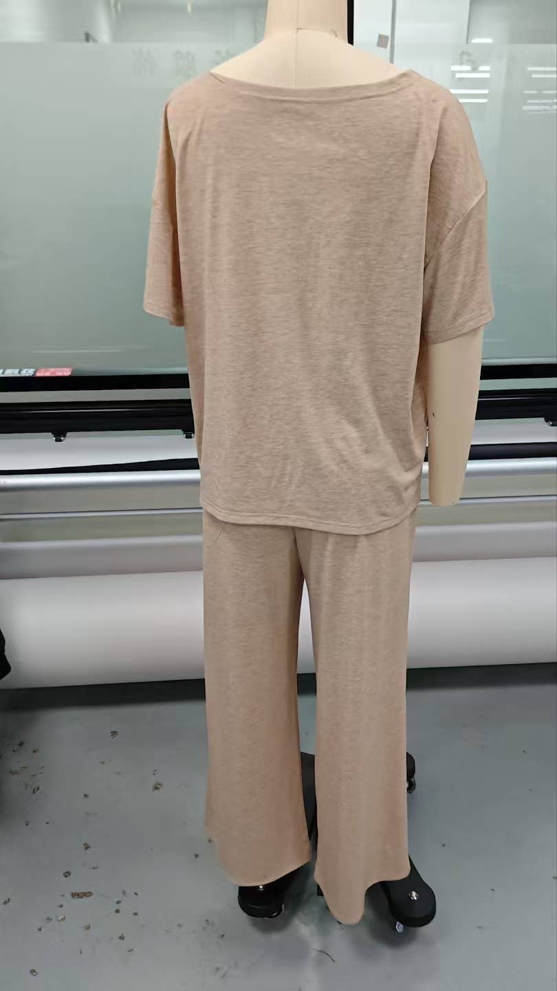 Asymmetric Neck Wide Leg Sportswear Two Piece Set: Dark brown / M