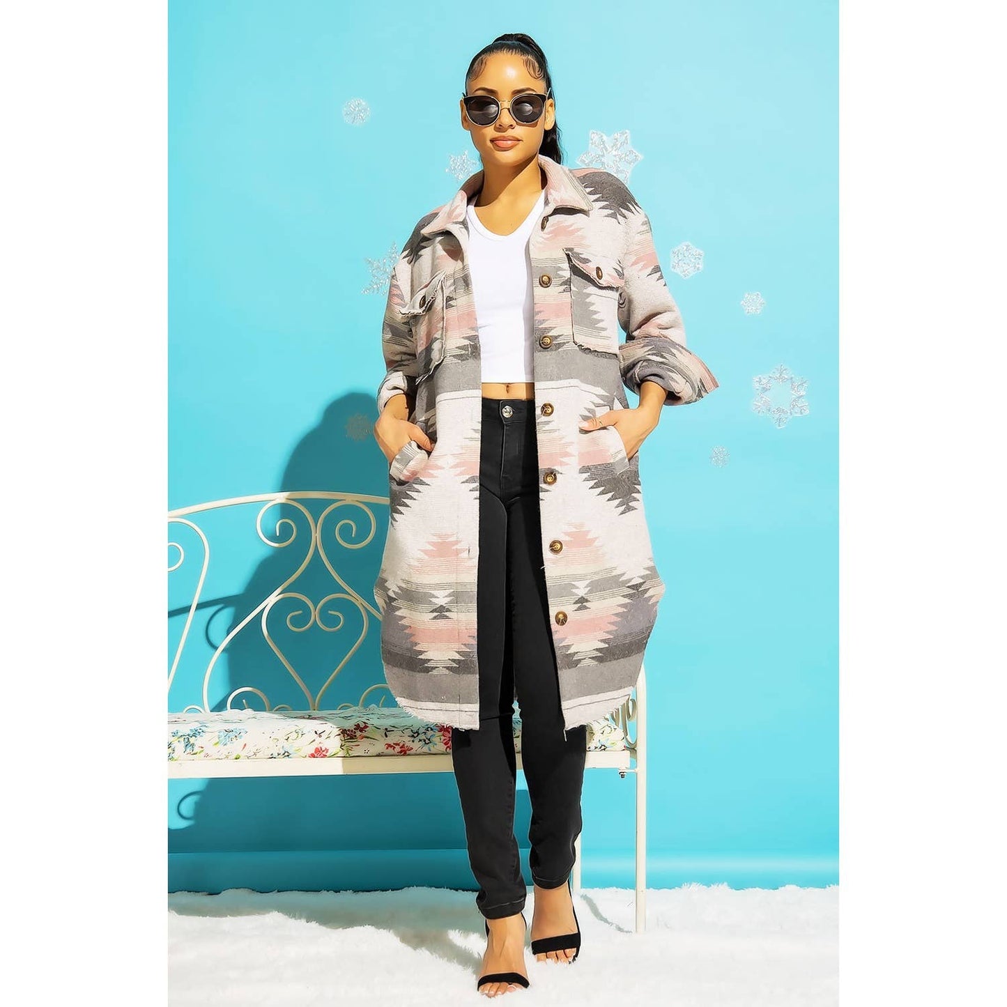 LONG TRIBAL AZTEC BUTTON DOWN SHIRT JACKET SHACKET: Rust / Turquoise / S-M-L(2-2-2)