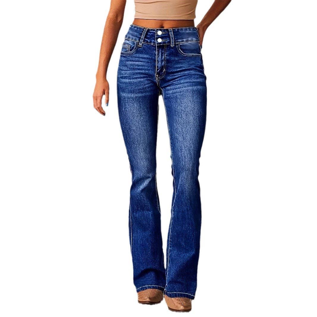 Women Vintage Stretch Flare Distressed Denim Pants: Dark blue / M