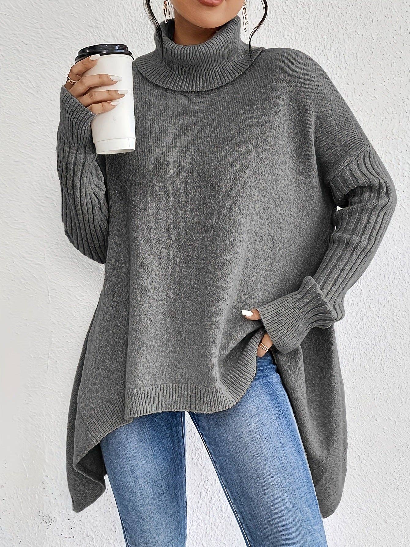 Oversized High Neck Chunky Knit Sweater Coat: Navy blue / L