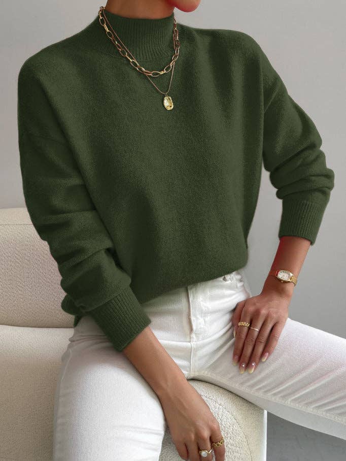 Women Mock Neck Long Sleeve Knit Sweater: Apricot / L