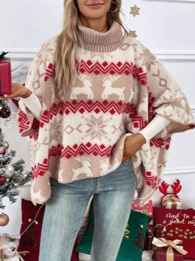 High-Neck Christmas Elk Bat-Sleeve Knitted Sweater: Apricot / M