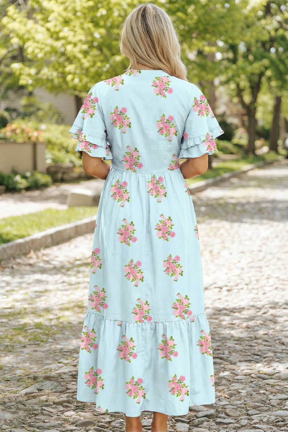 Floral Print V Neck Flutter Short Sleeve Maxi Dress | S-XL: Sky Blue / XL