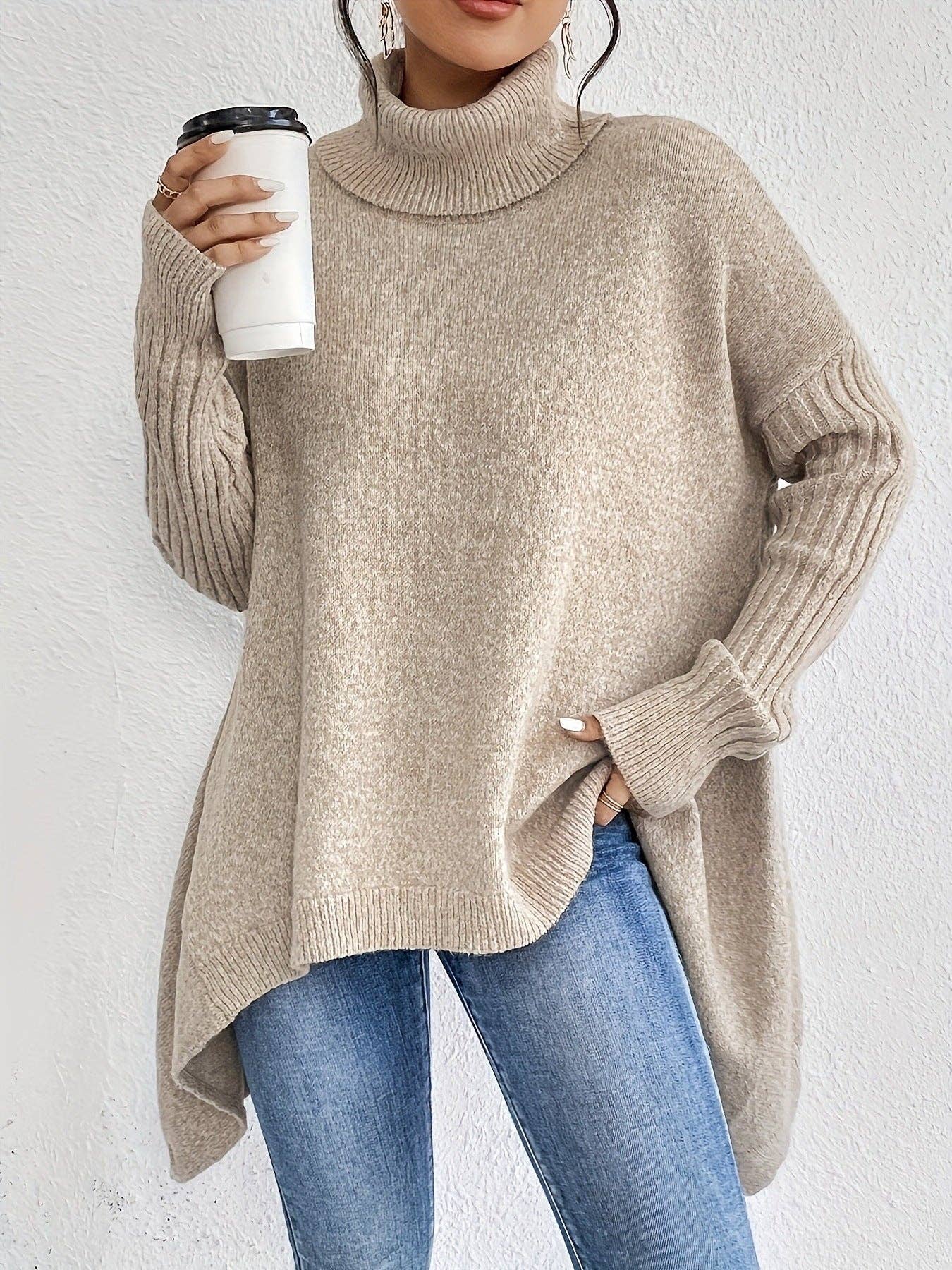 Oversized High Neck Chunky Knit Sweater Coat: Navy blue / XL