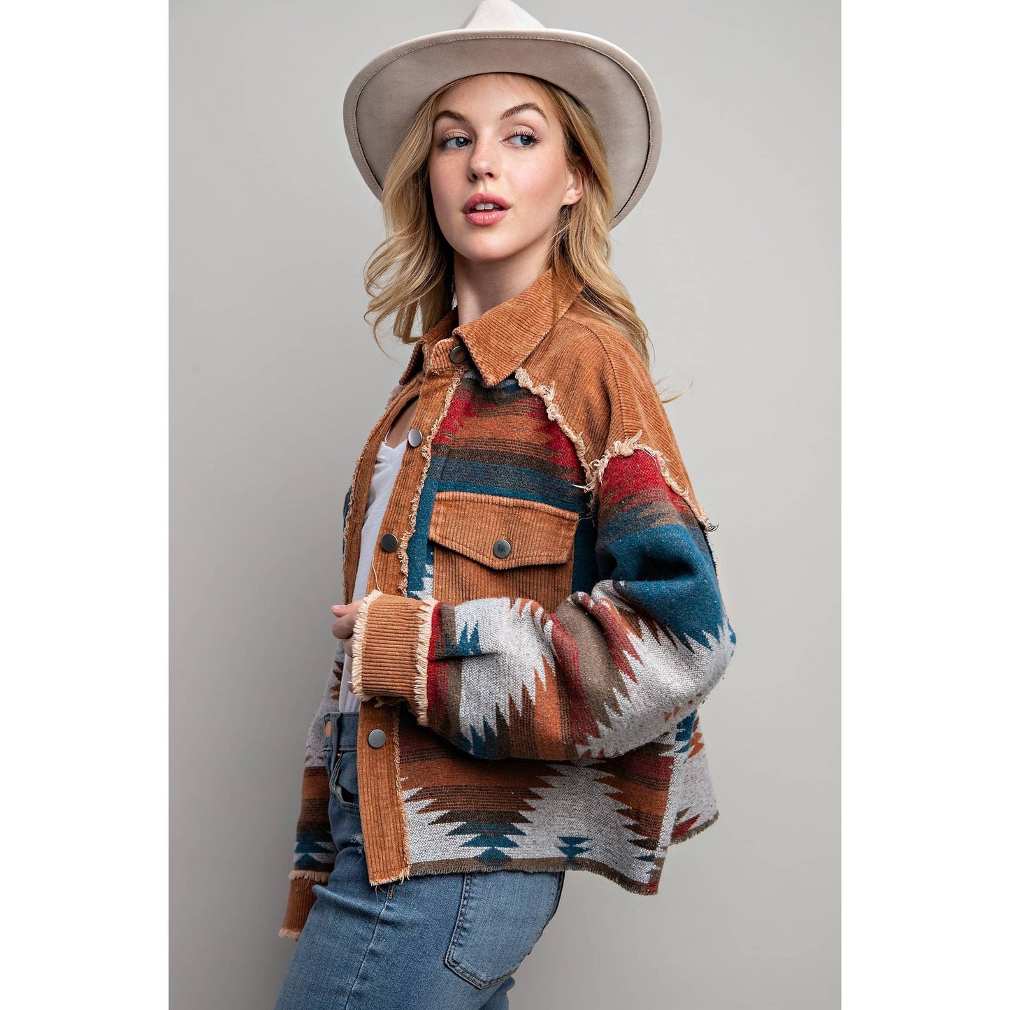 TRIBAL AZTEC PATTERN COLORBLOCK BUTTON DOWN SHIRT JACKET: Grey / S-M-L(2-2-2)