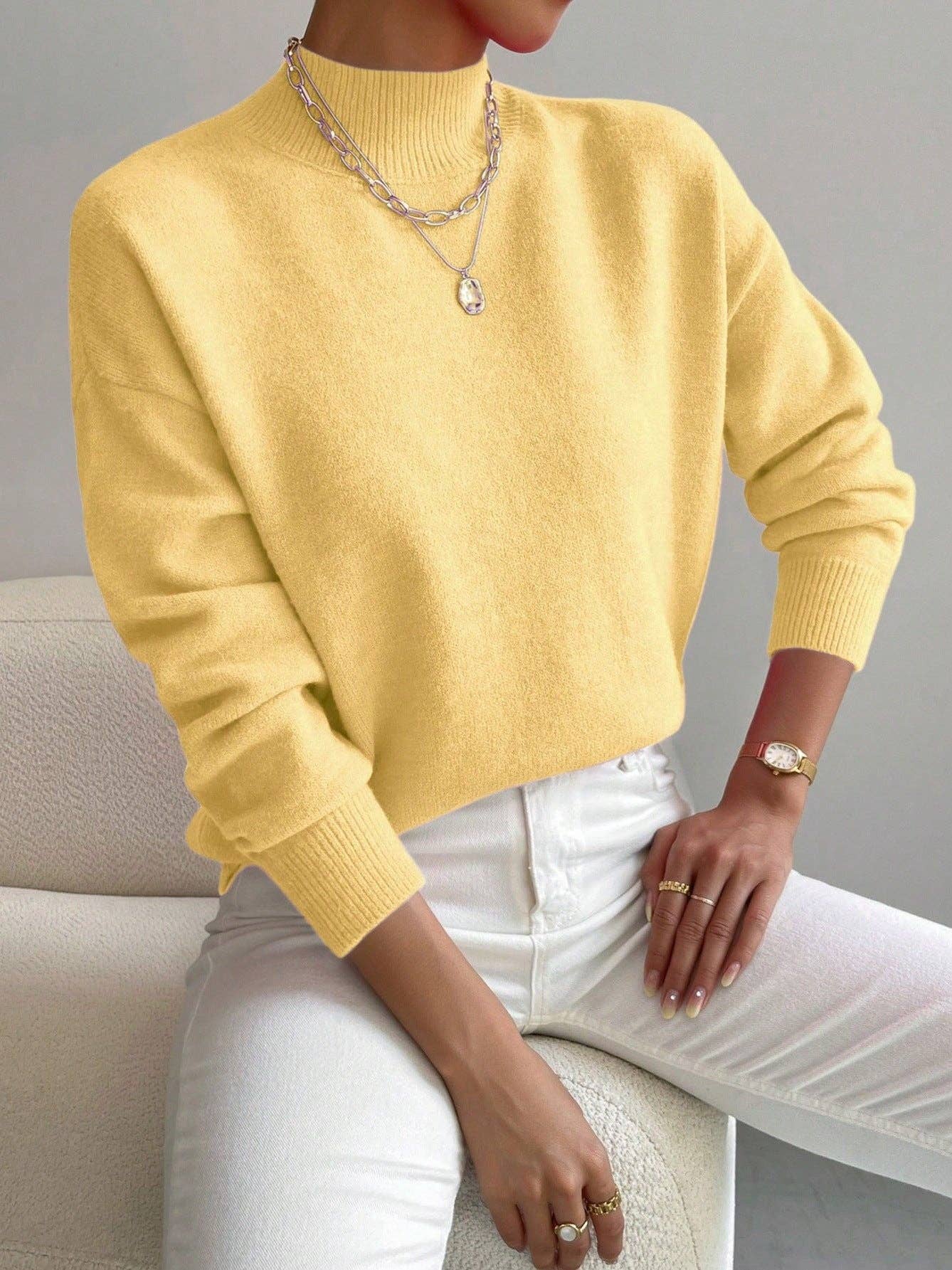 Women Mock Neck Long Sleeve Knit Sweater: Apricot / M