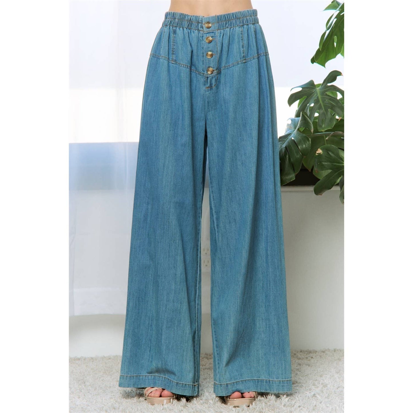HIGH RISE BUTTON FRONT WIDE LEG PANTS: Medium Denim / S-M-L(2-2-2)