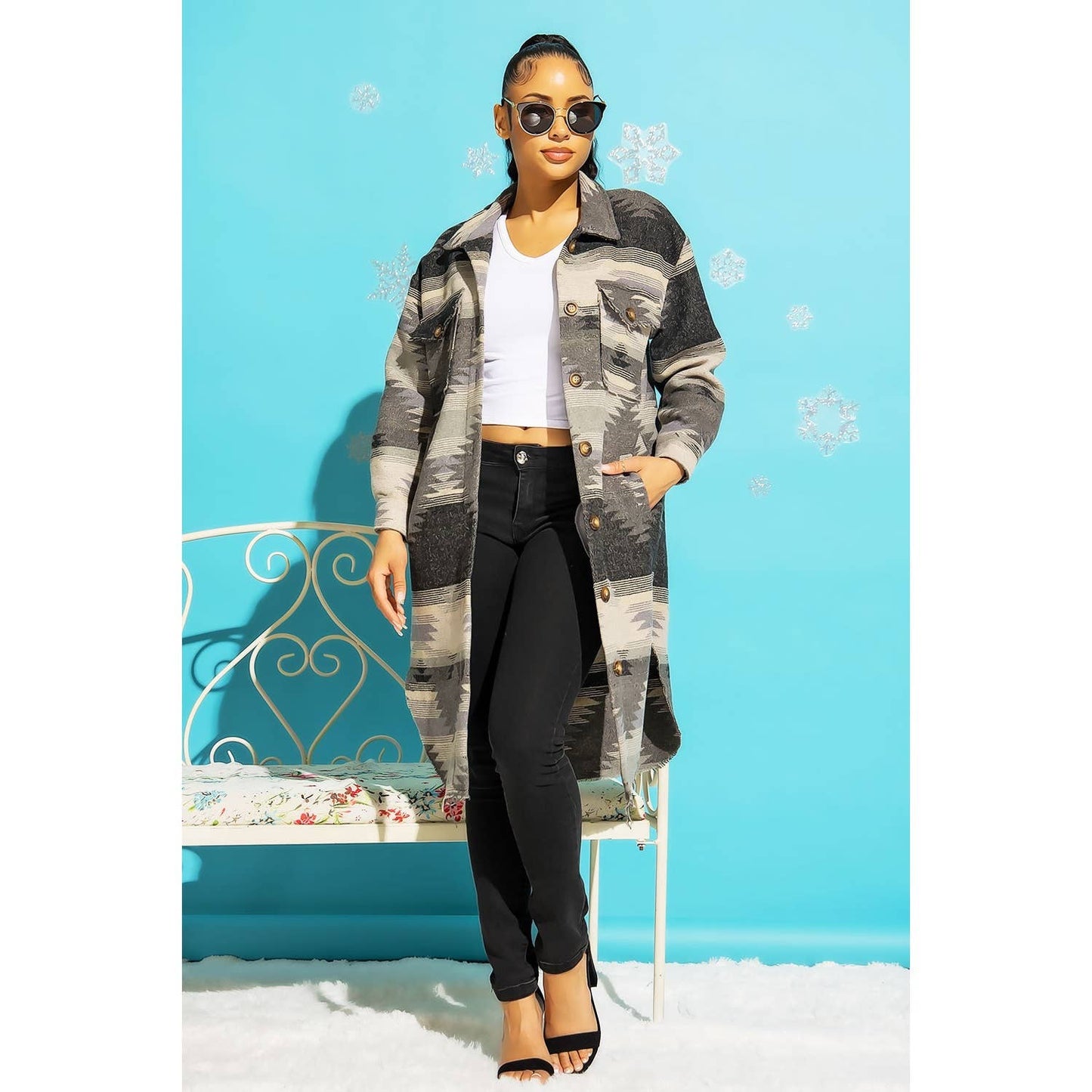 LONG TRIBAL AZTEC BUTTON DOWN SHIRT JACKET SHACKET: Rust / Turquoise / S-M-L(2-2-2)