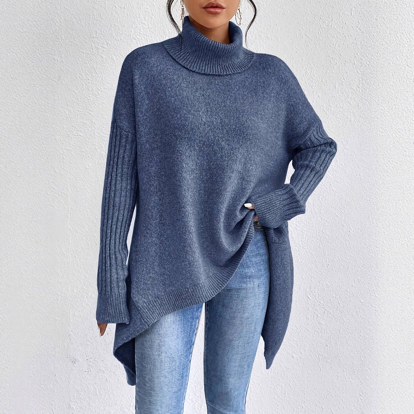 Oversized High Neck Chunky Knit Sweater Coat: Navy blue / M