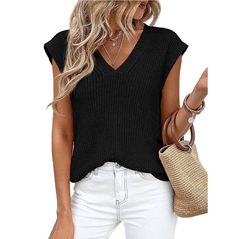 Slouchy V-Neck Casual Chunky Knit Top: Coffee / S