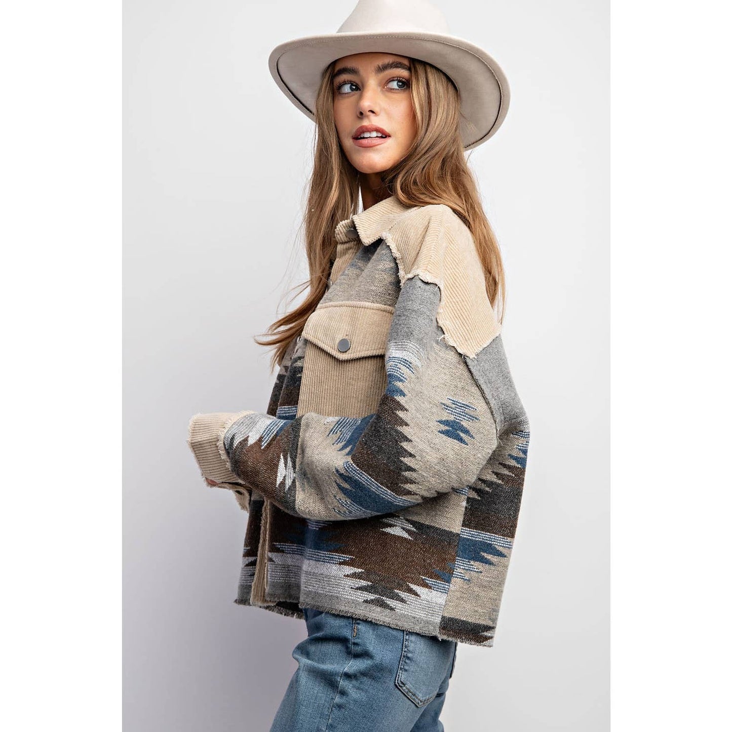 TRIBAL AZTEC PATTERN COLORBLOCK BUTTON DOWN SHIRT JACKET: Grey / S-M-L(2-2-2)