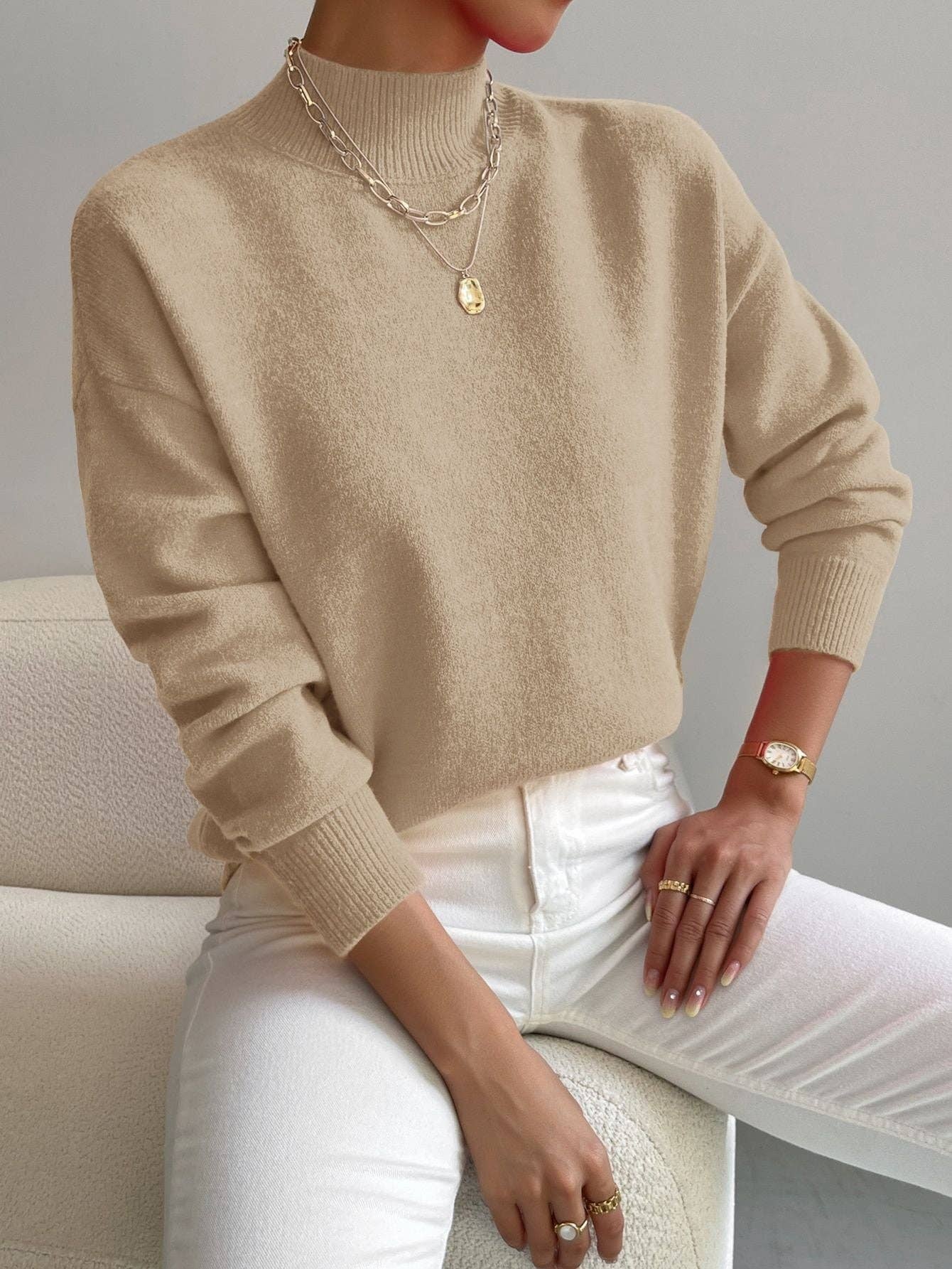 Women Mock Neck Long Sleeve Knit Sweater: Apricot / S