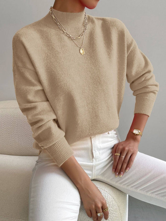 Women Mock Neck Long Sleeve Knit Sweater: Apricot / L