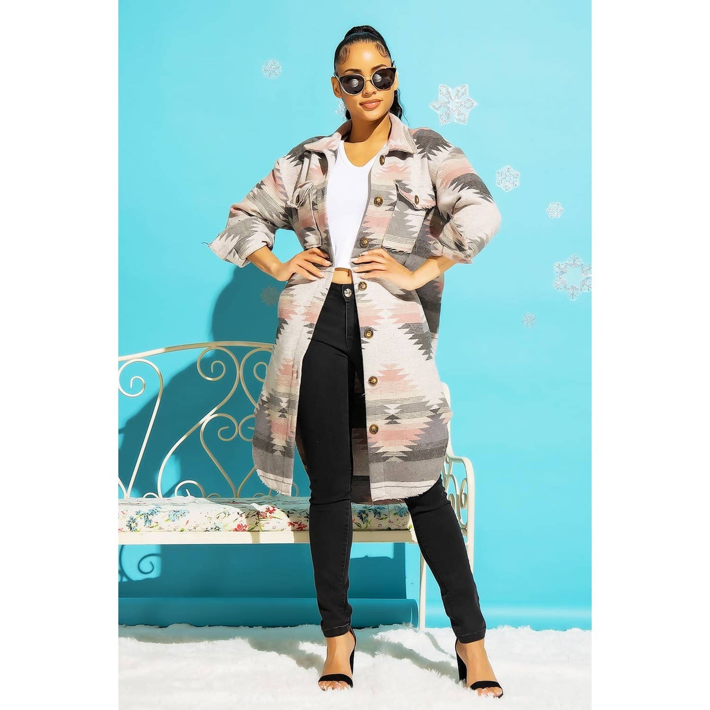 LONG TRIBAL AZTEC BUTTON DOWN SHIRT JACKET SHACKET: Rust / Turquoise / S-M-L(2-2-2)