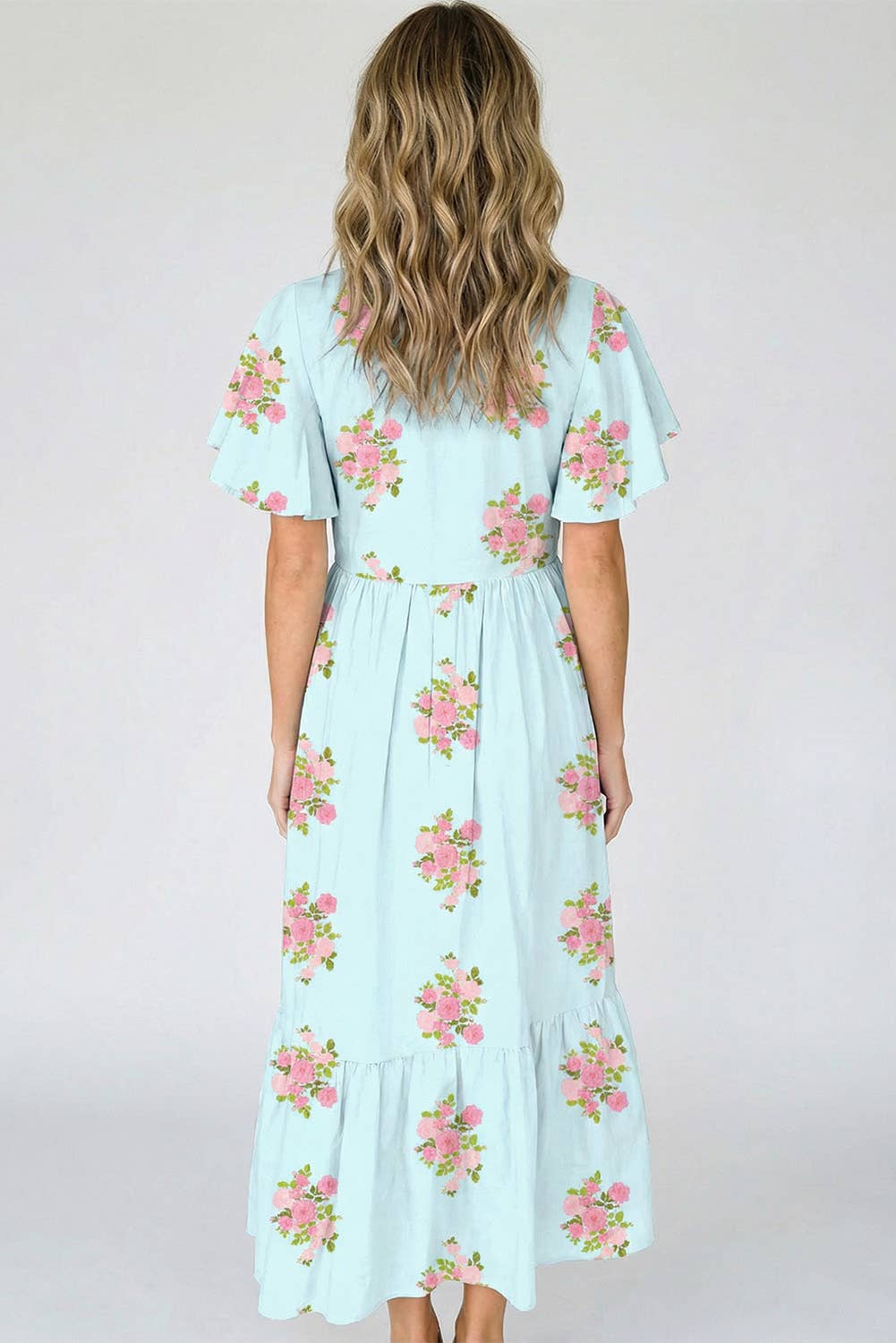 Floral Print V Neck Flutter Short Sleeve Maxi Dress | S-XL: Sky Blue / XL