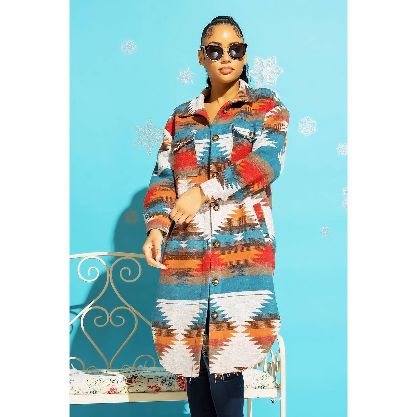 LONG TRIBAL AZTEC BUTTON DOWN SHIRT JACKET SHACKET: Rust / Turquoise / S-M-L(2-2-2)