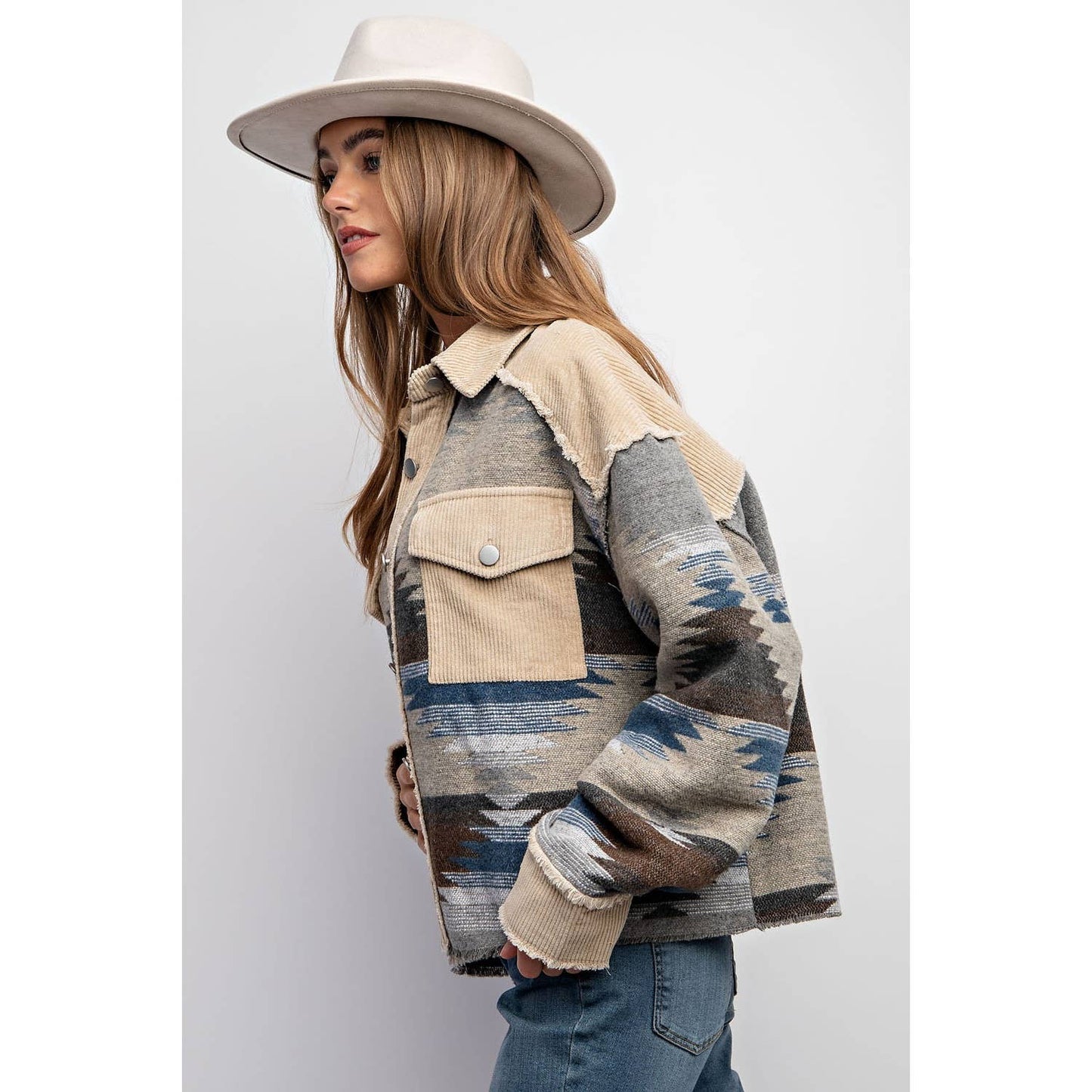 TRIBAL AZTEC PATTERN COLORBLOCK BUTTON DOWN SHIRT JACKET: Brown / S-M-L(2-2-2)
