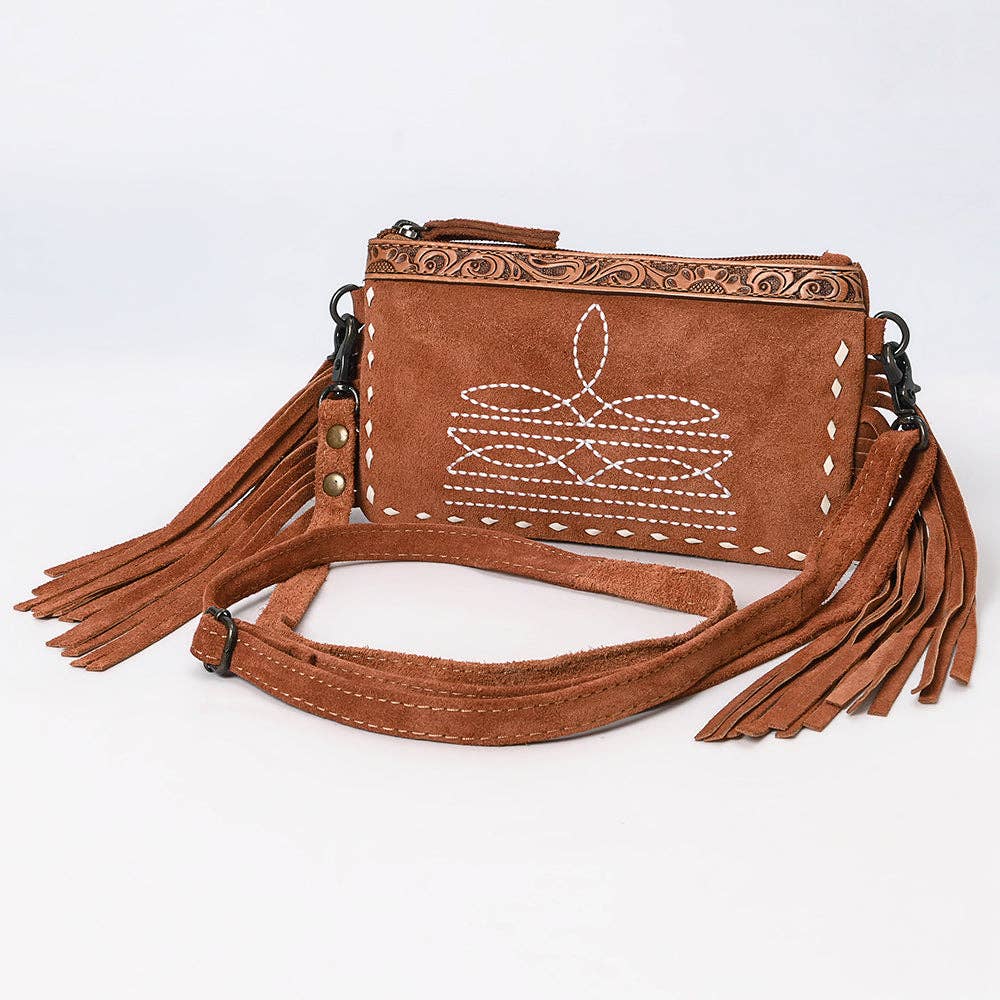 ADBG1662 American Darling Western Genuine Suede Leather Small Cross Body Bag with & Hand-Tooled Accents: ADBG1662