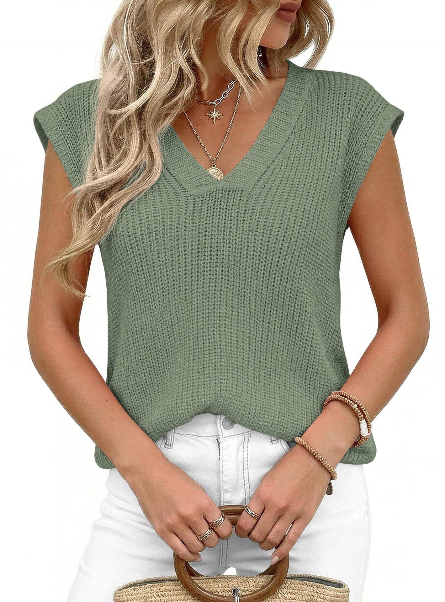 Slouchy V-Neck Casual Chunky Knit Top: Coffee / XL