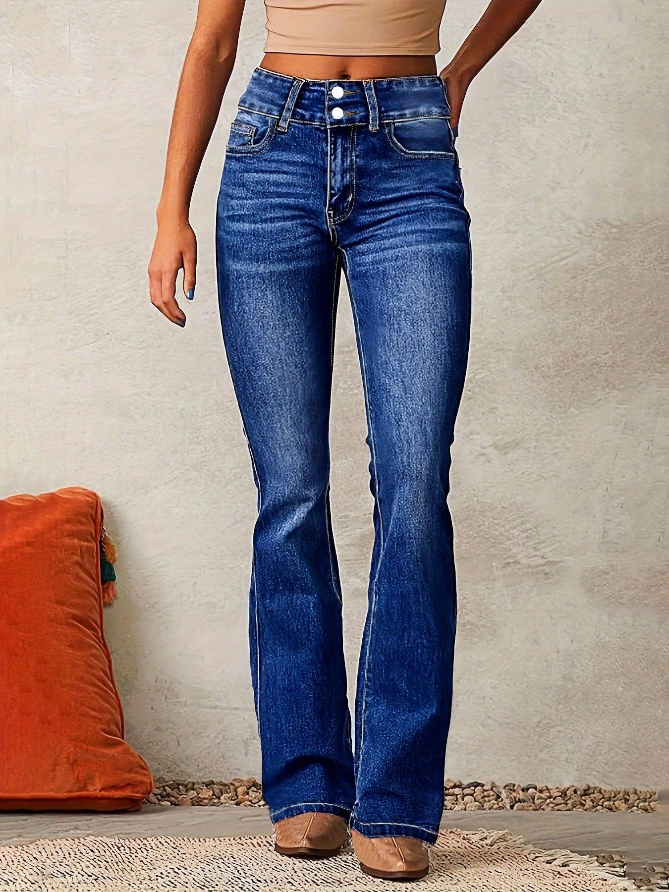 Women Vintage Stretch Flare Distressed Denim Pants: Dark blue / M