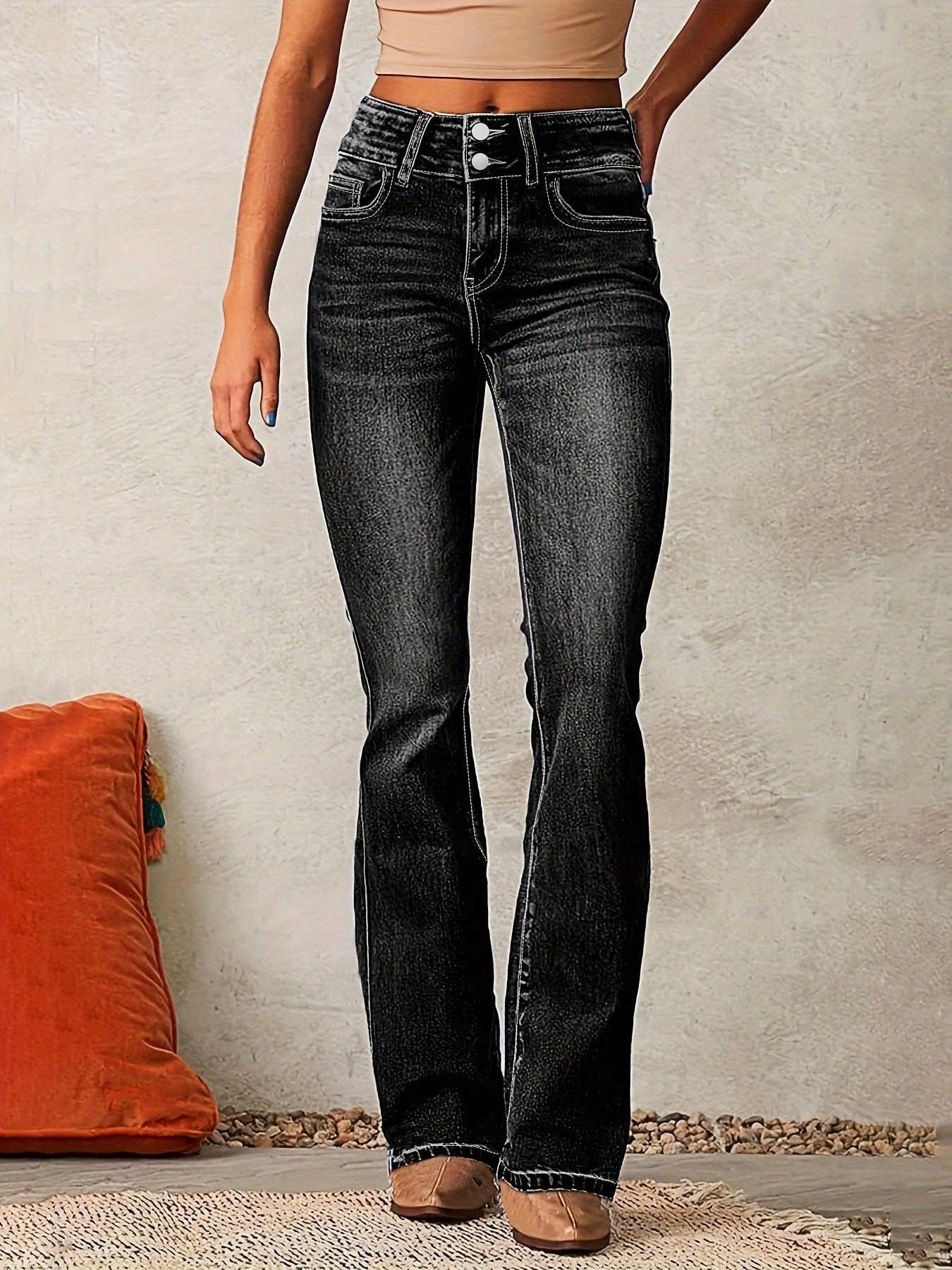 Women Vintage Stretch Flare Distressed Denim Pants: Dark blue / L