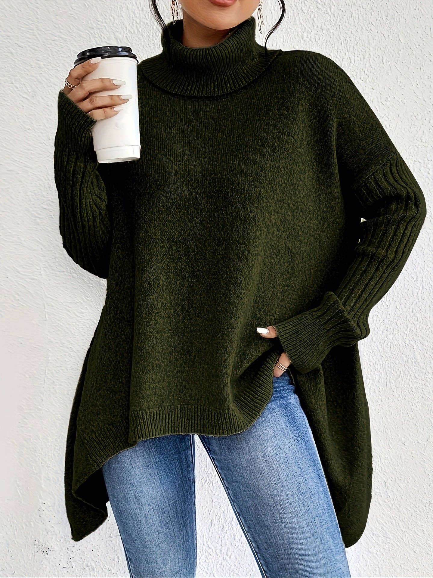 Oversized High Neck Chunky Knit Sweater Coat: Navy blue / XL