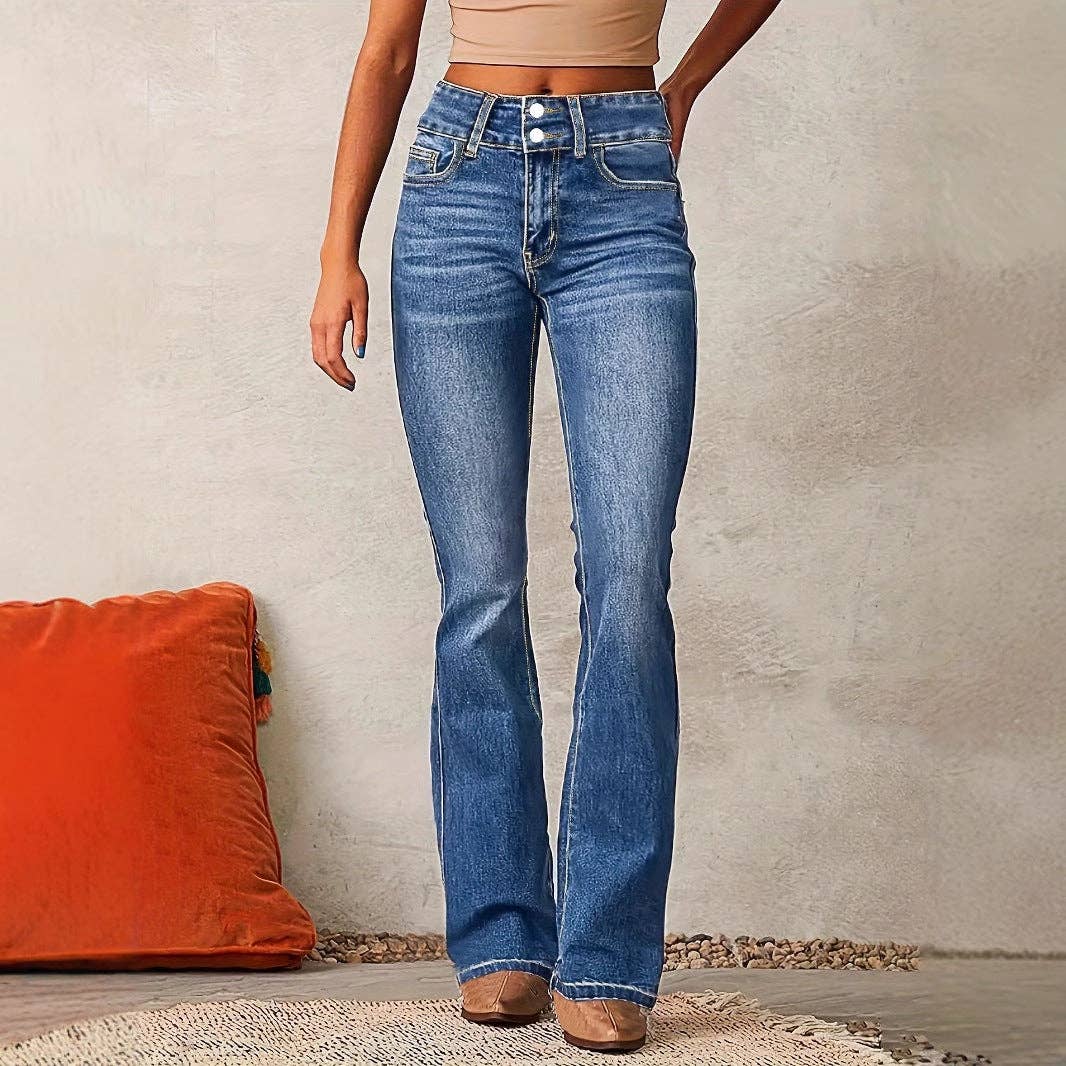 Women Vintage Stretch Flare Distressed Denim Pants: Dark blue / M