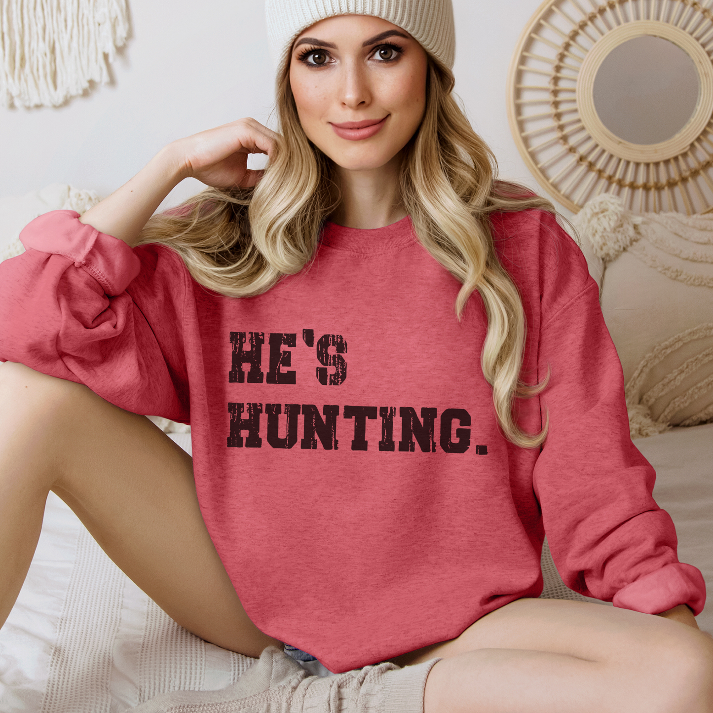 He's Hunting Funny Distressed Crewneck Sweatshirt: White / Medium