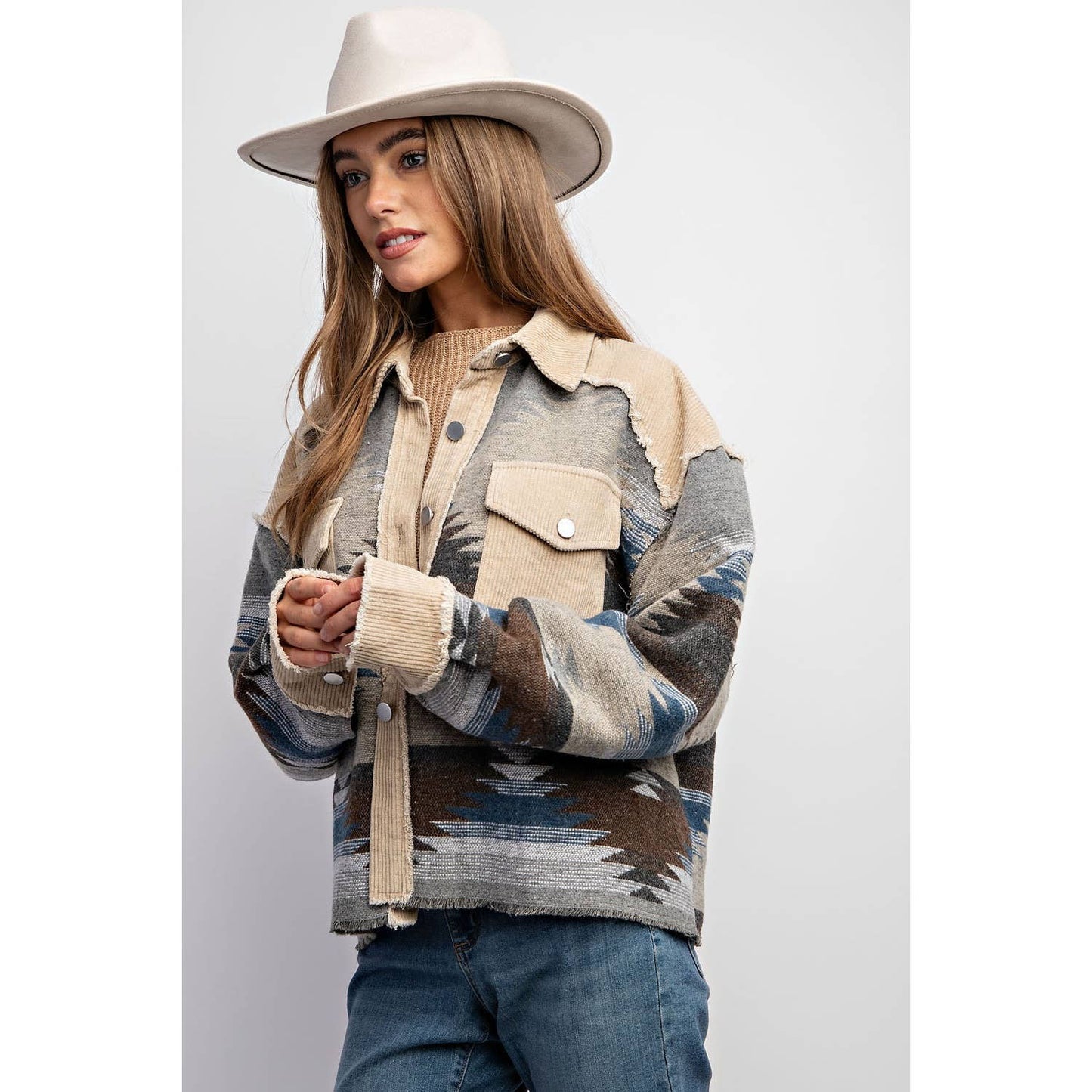 TRIBAL AZTEC PATTERN COLORBLOCK BUTTON DOWN SHIRT JACKET: Grey / S-M-L(2-2-2)