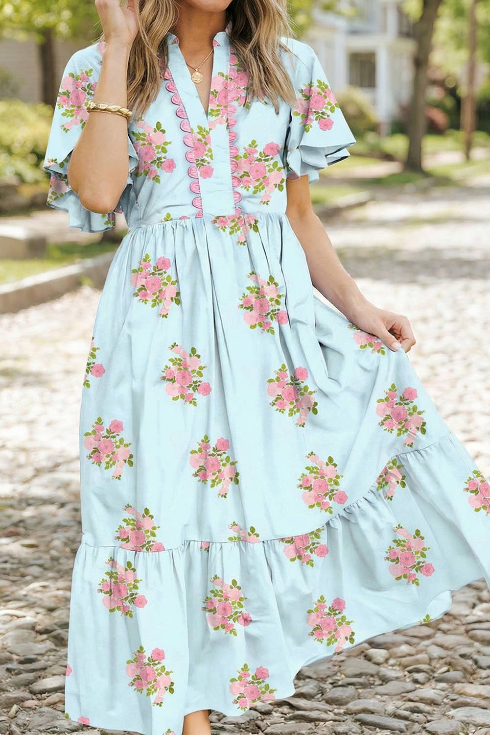 Floral Print V Neck Flutter Short Sleeve Maxi Dress | S-XL: Sky Blue / L