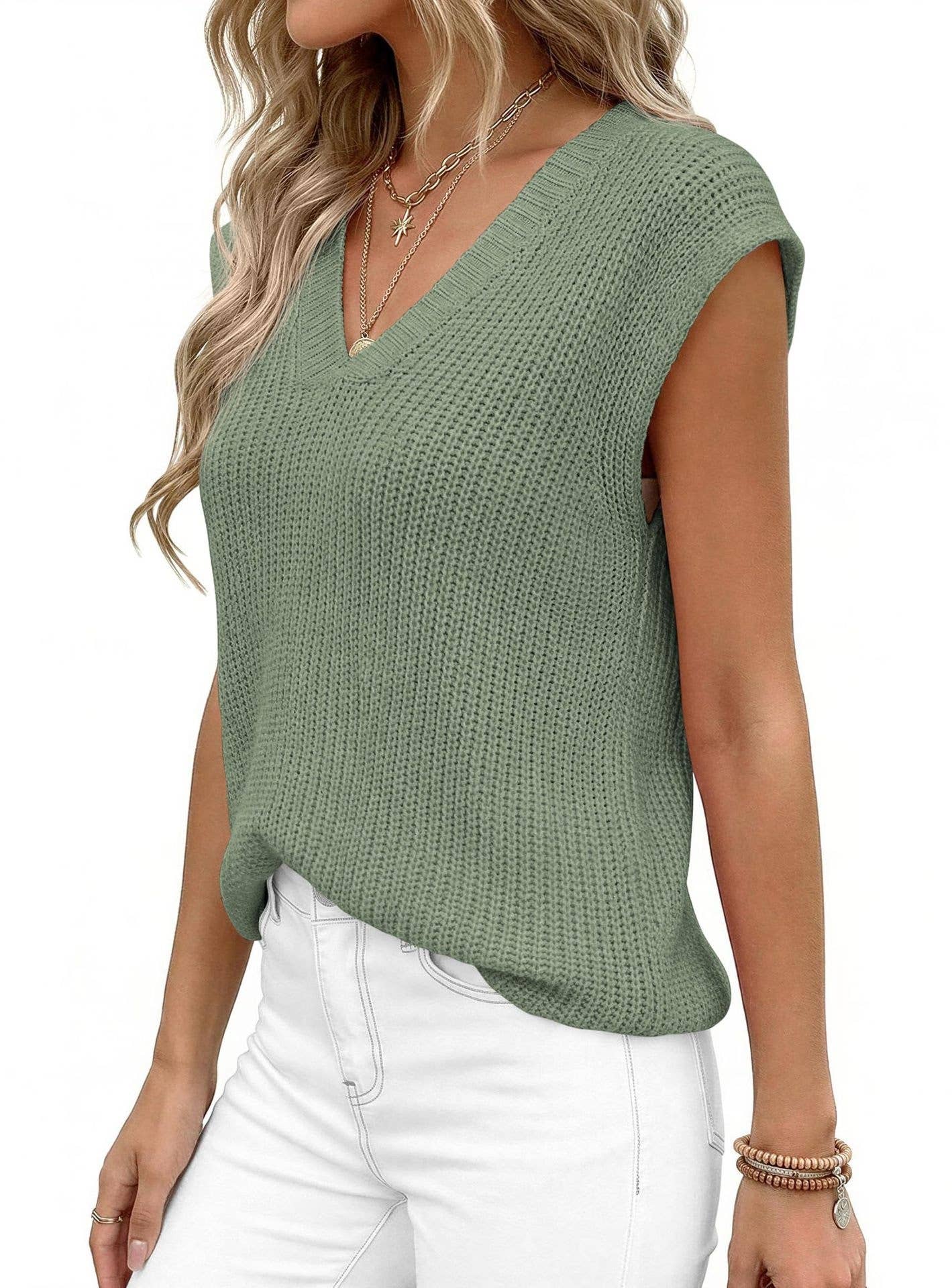 Slouchy V-Neck Casual Chunky Knit Top: Coffee / L
