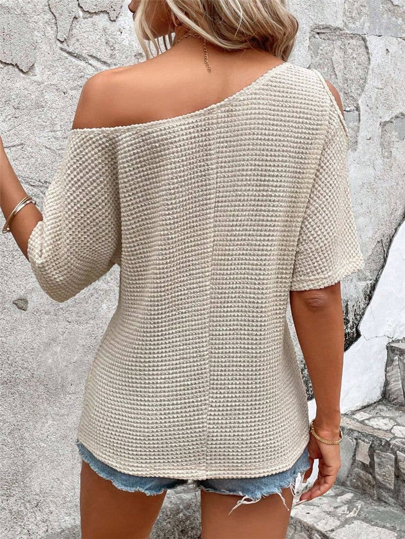 Waffle Knit Cutout Slanted Shoulder Lightweight Top: Apricot / L