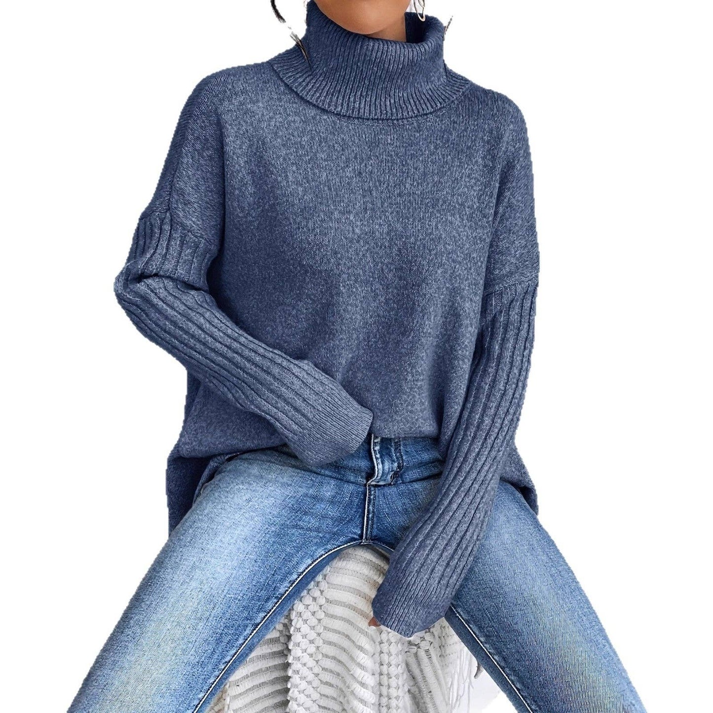 Oversized High Neck Chunky Knit Sweater Coat: Navy blue / XL