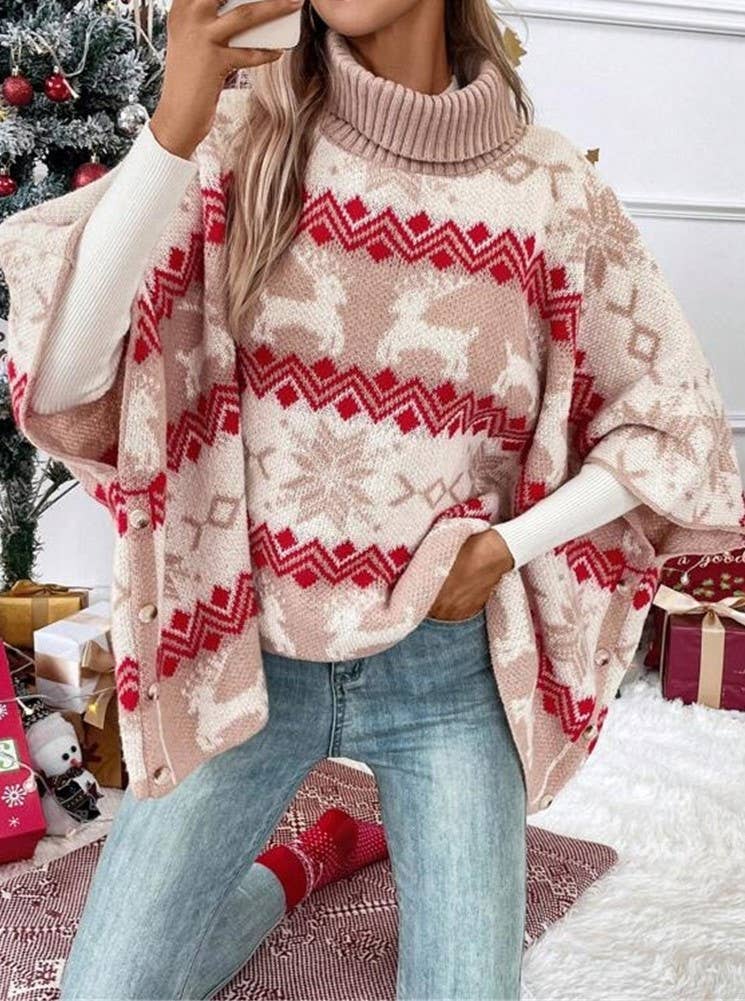 High-Neck Christmas Elk Bat-Sleeve Knitted Sweater: Apricot / S
