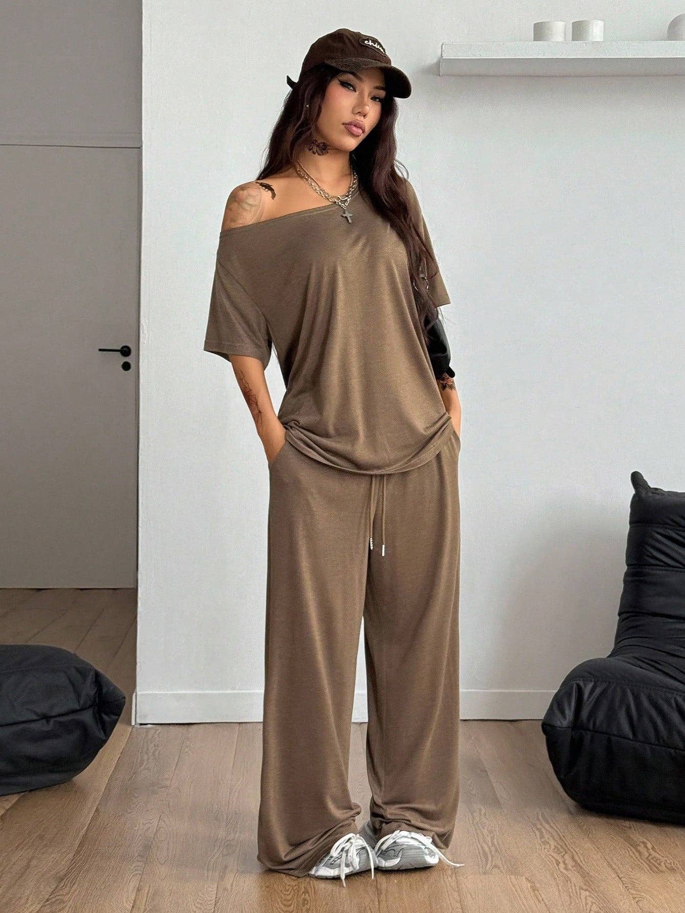 Asymmetric Neck Wide Leg Sportswear Two Piece Set: Dark brown / S