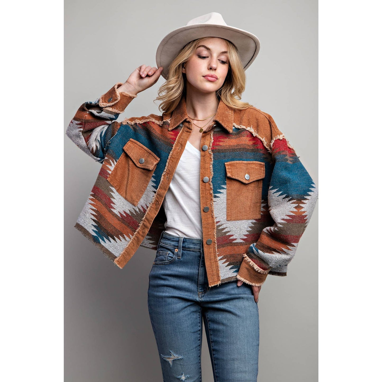 TRIBAL AZTEC PATTERN COLORBLOCK BUTTON DOWN SHIRT JACKET: Grey / S-M-L(2-2-2)