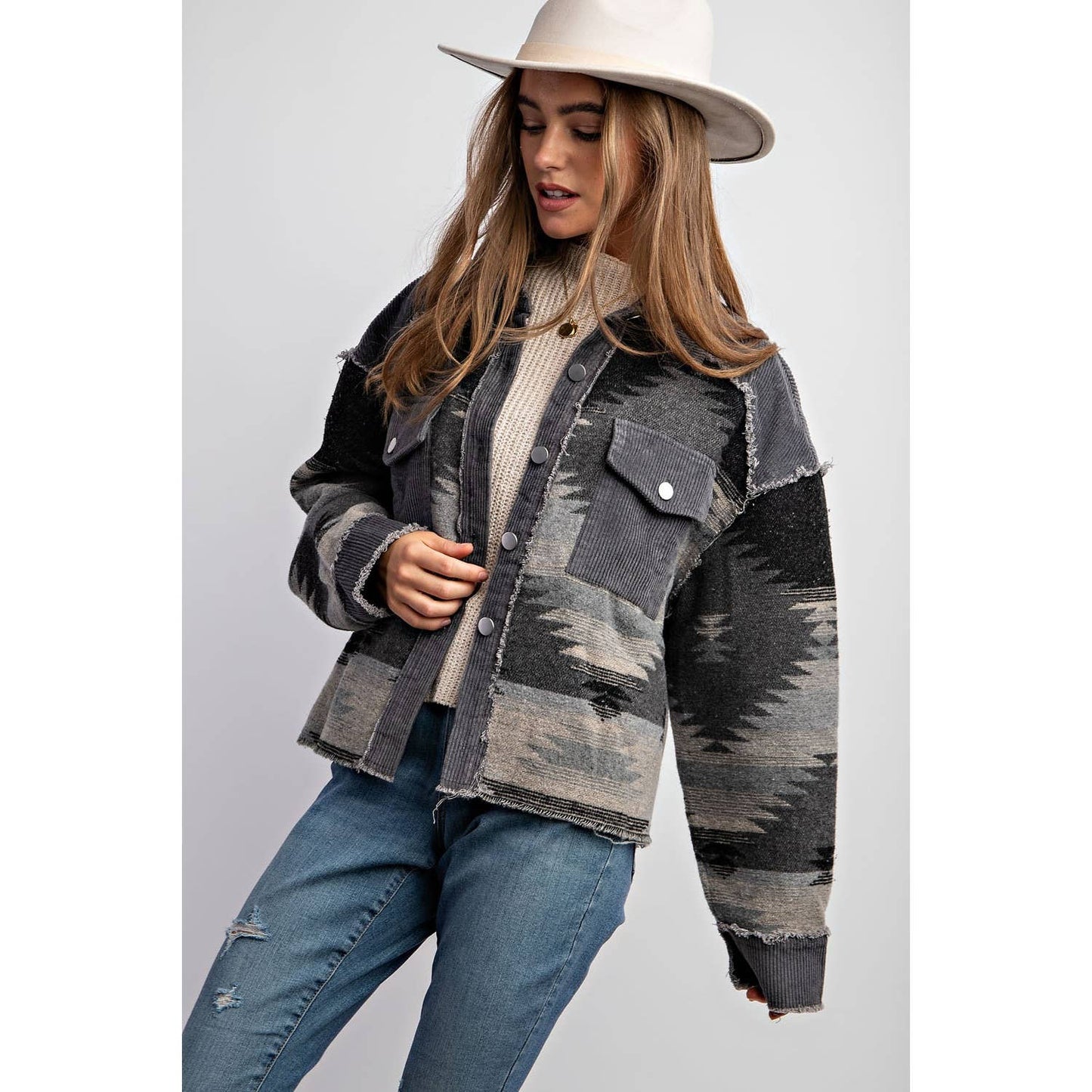 TRIBAL AZTEC PATTERN COLORBLOCK BUTTON DOWN SHIRT JACKET: Grey / S-M-L(2-2-2)