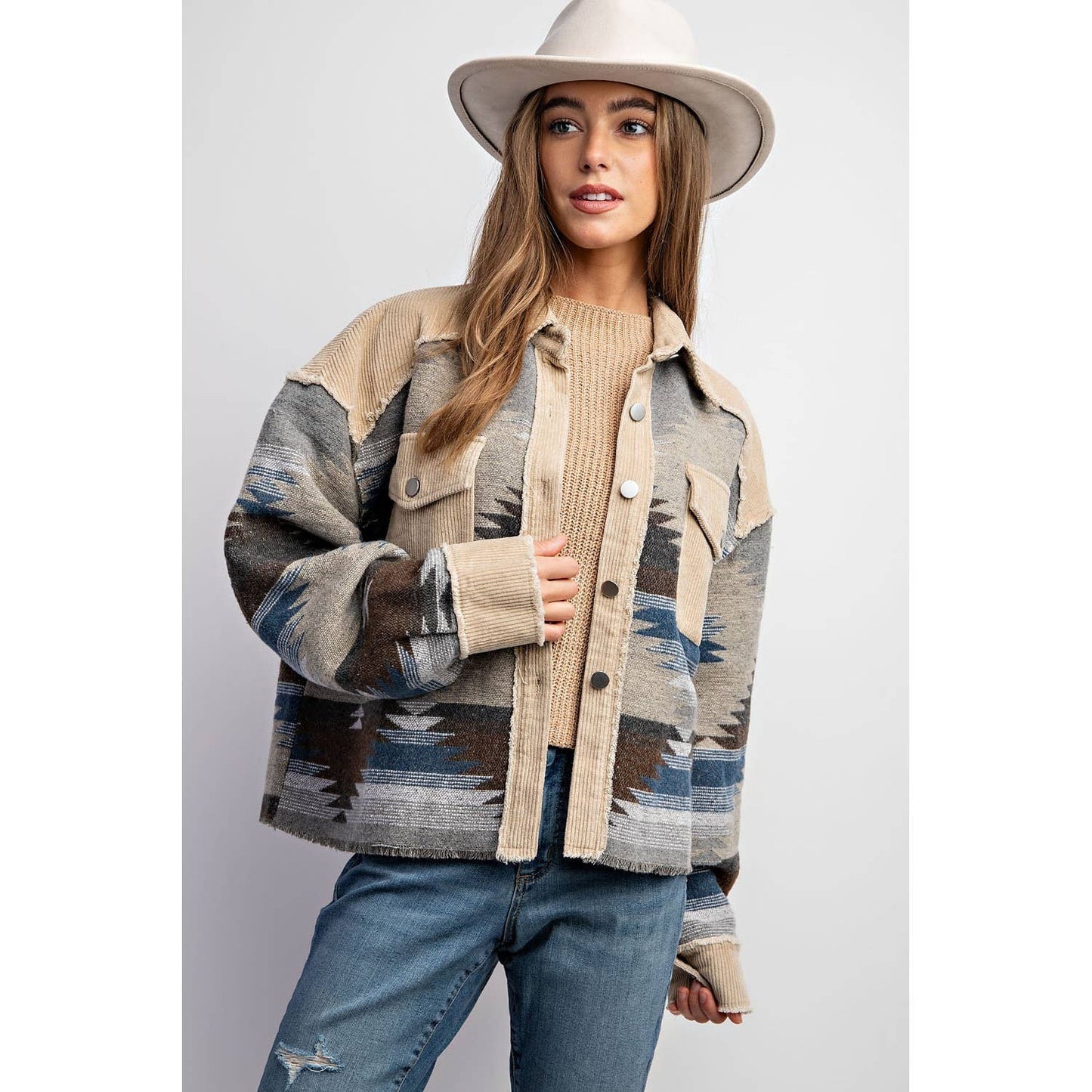 TRIBAL AZTEC PATTERN COLORBLOCK BUTTON DOWN SHIRT JACKET: Grey / S-M-L(2-2-2)